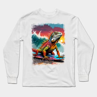 Iguana Surfing Cute Colorful Comic Illustration Long Sleeve T-Shirt